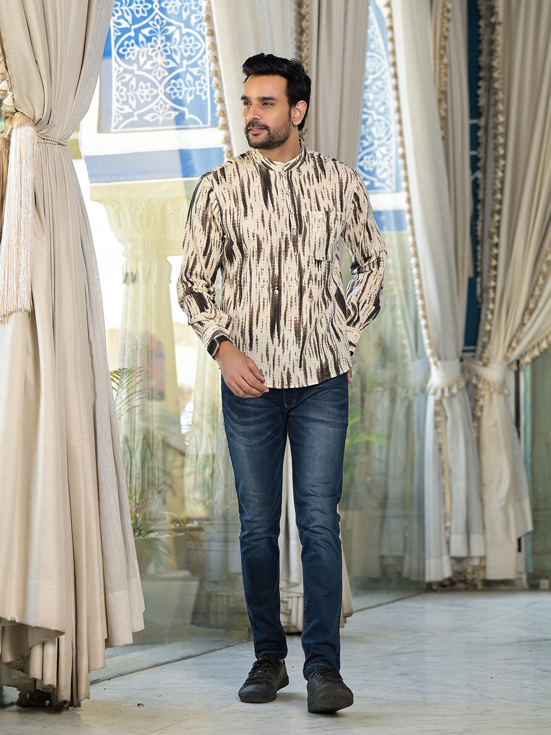 Cream & Grey Shibori print Kantha Shirt