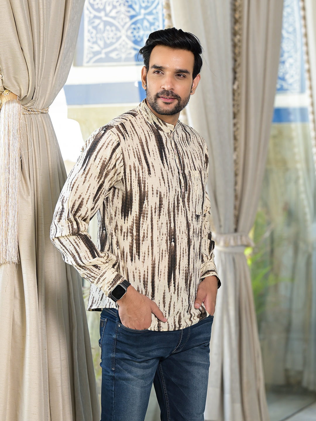 Cream & Grey Shibori print Kantha Shirt