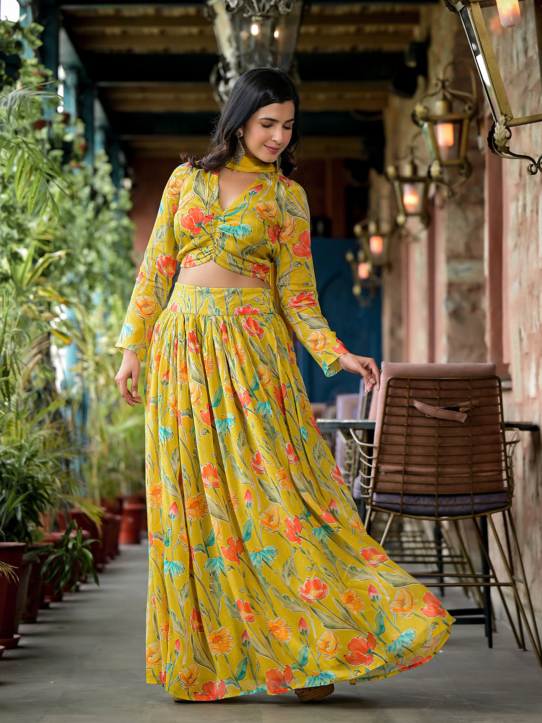 Mustard Floral Print Chinnon Lehenga Choli With Dupatta