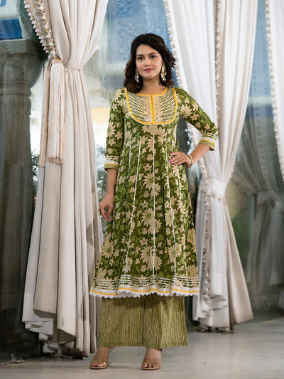 Green Anarkali with Mustard Dyed Dupatta