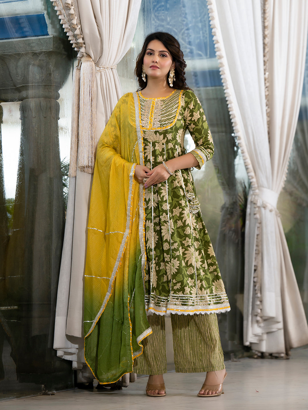 Green Anarkali with Mustard Dyed Dupatta