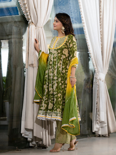 Green Anarkali with Mustard Dyed Dupatta