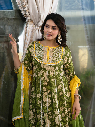 Green Anarkali with Mustard Dyed Dupatta