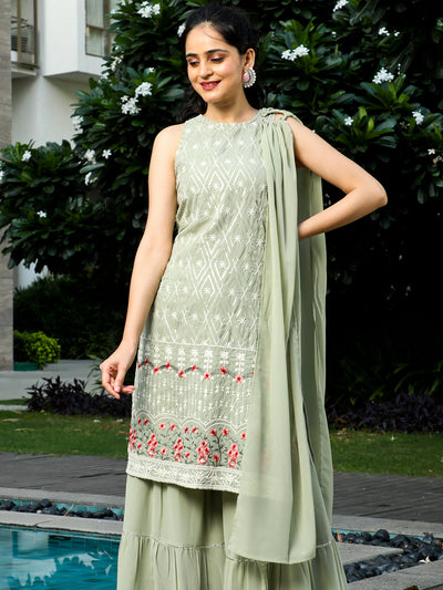 Pastel Green Embroidered Kurta Sharara With Dupatta