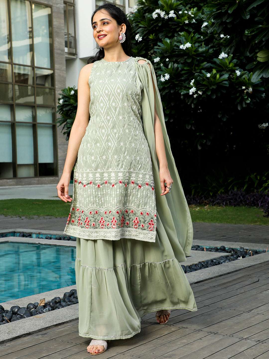 Pastel Green Embroidered Kurta Sharara With Dupatta