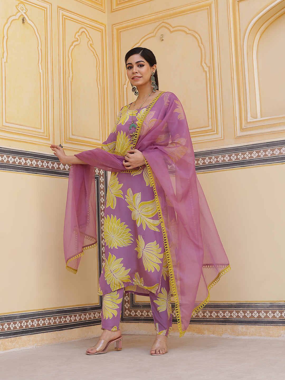 Purple Floral Viscose Kurta Pant With Dupatta