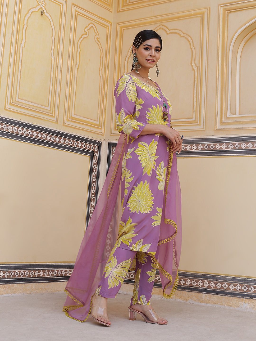 Purple Floral Viscose Kurta Pant With Dupatta