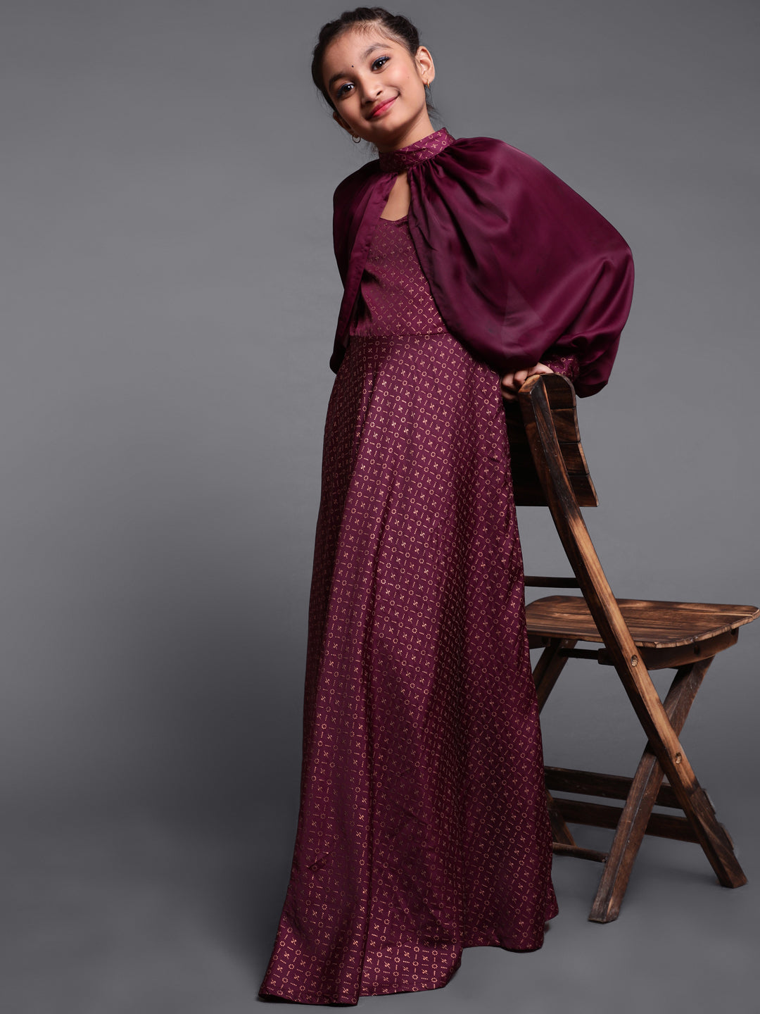 Burgundy Printed Flared Dress With Cape Sleeve