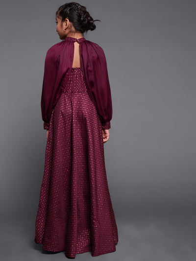 Burgundy Printed Flared Dress With Cape Sleeve