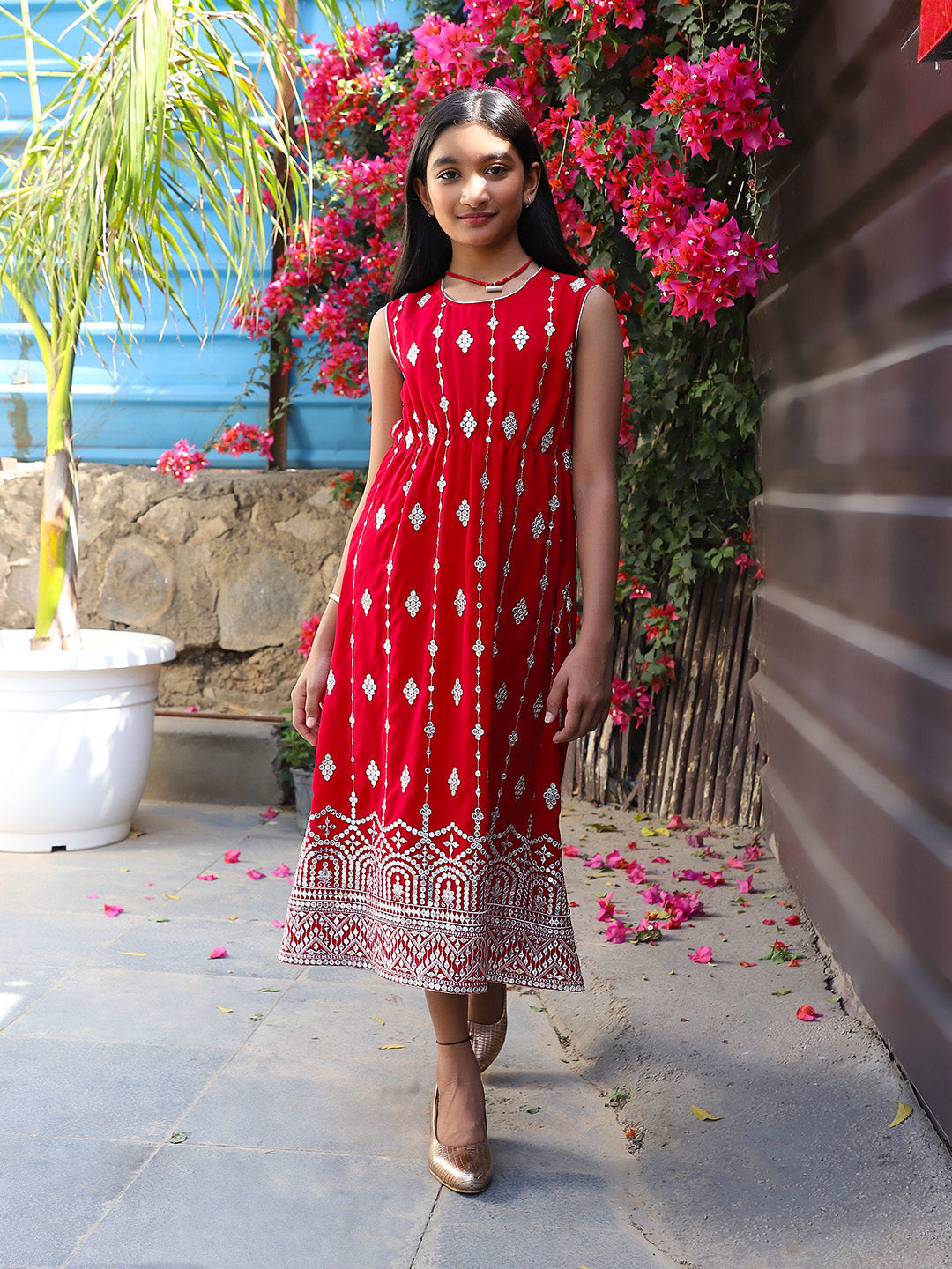 Tomato red Color embroidered Evening Dress