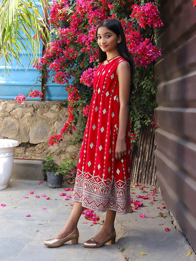 Tomato red Color embroidered Evening Dress