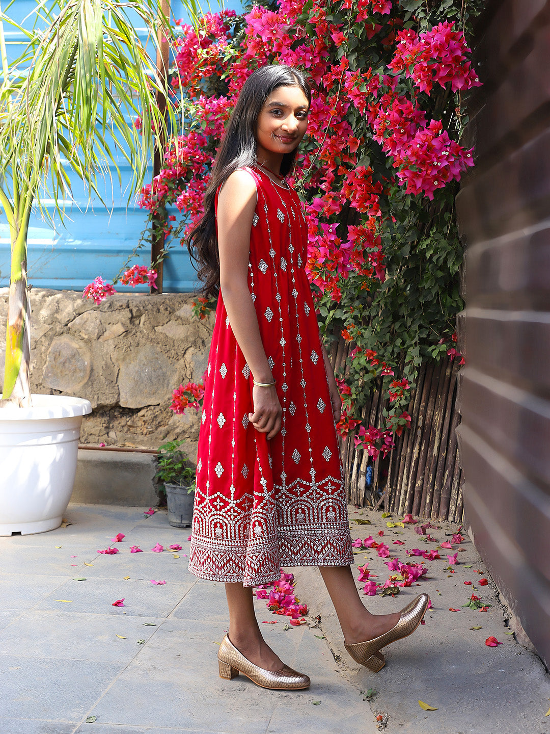 Tomato red Color embroidered Evening Dress