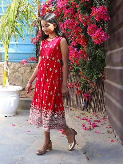 Tomato red Color embroidered Evening Dress