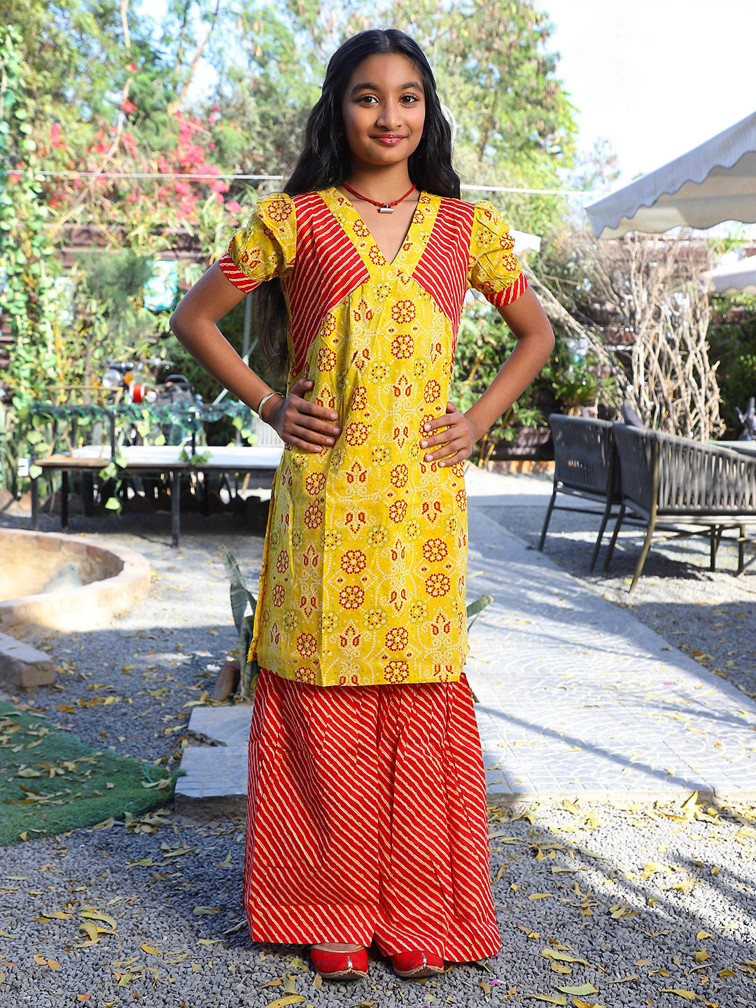 Yellow bandhani Kurta with red leheriya sharara