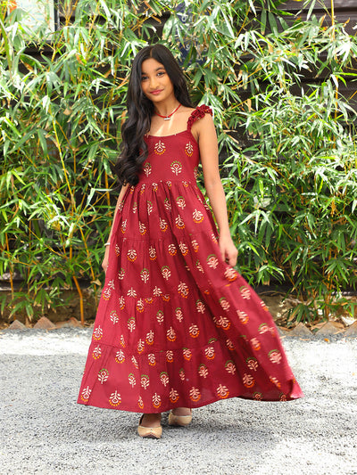 Maroon Color Tiered Cotton Maxi dress