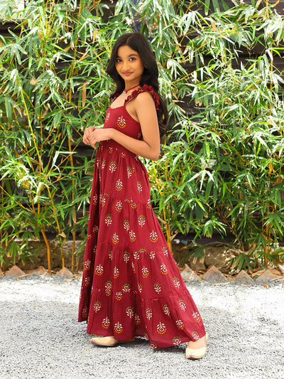 Maroon Color Tiered Cotton Maxi dress