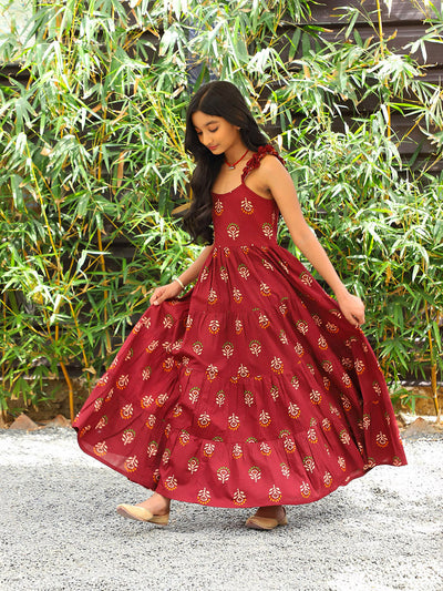 Maroon Color Tiered Cotton Maxi dress