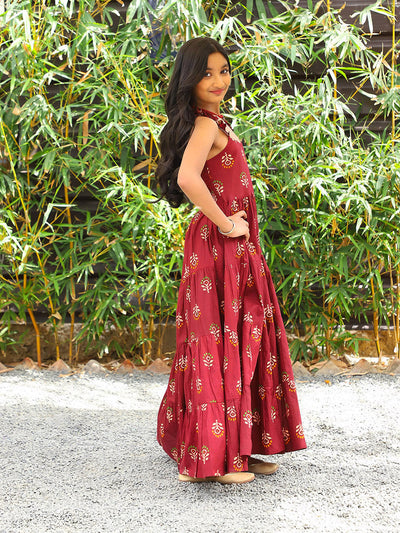 Maroon Color Tiered Cotton Maxi dress