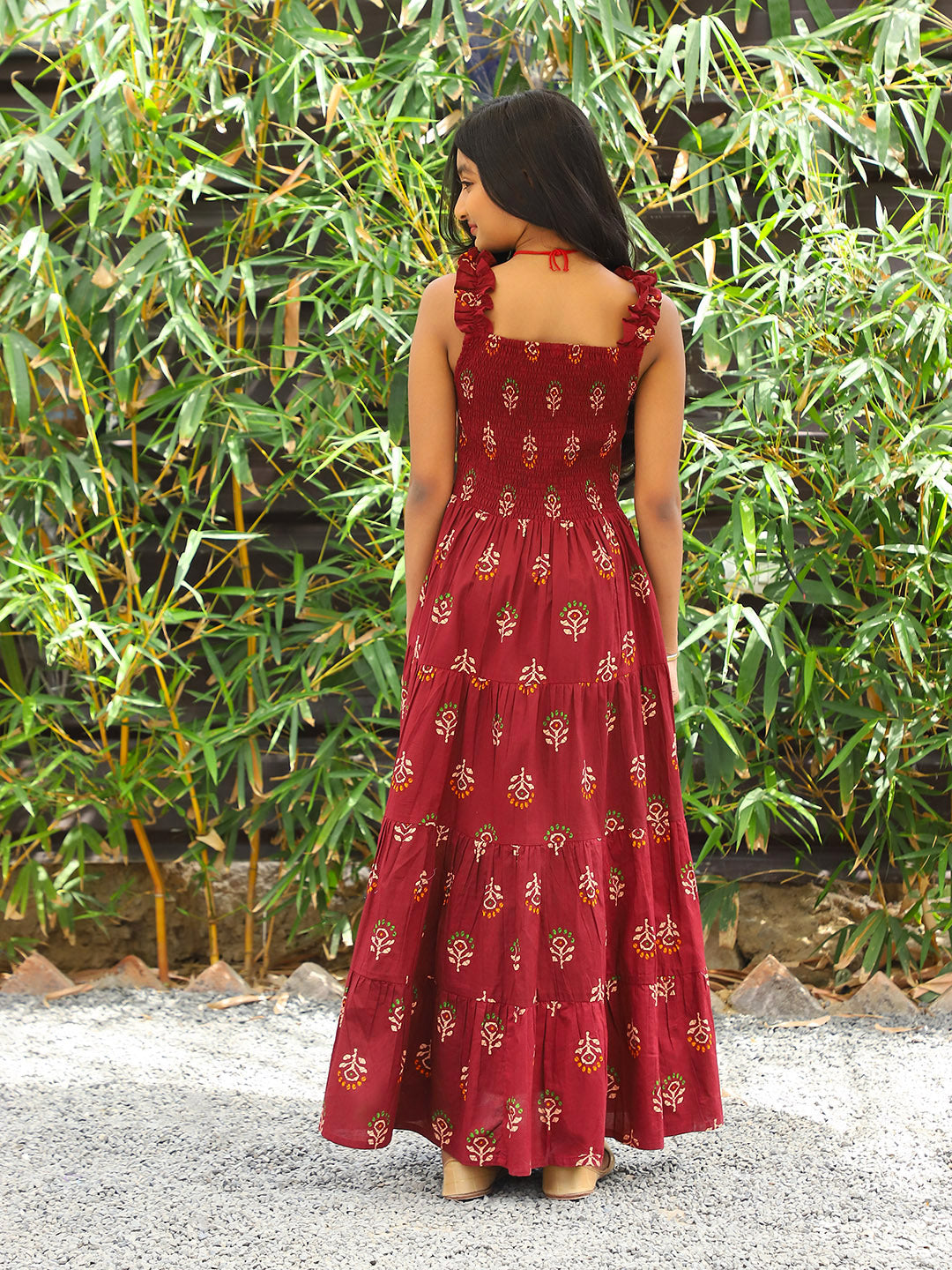 Maroon Color Tiered Cotton Maxi dress