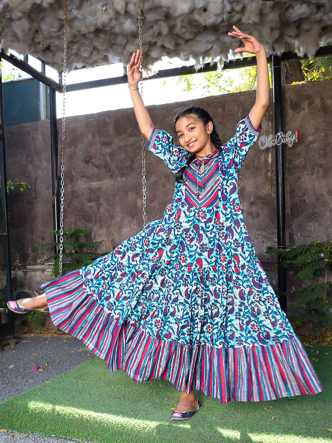 Blue Color Tiered Cotton Maxi Dress