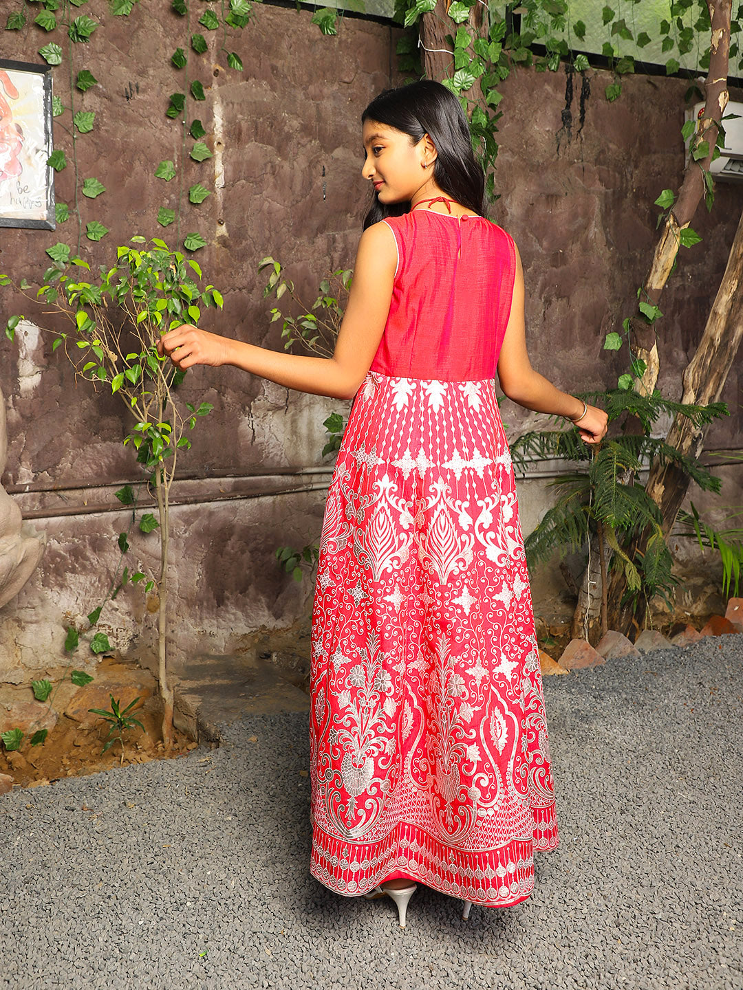 Magenta Foil printed evening Gown