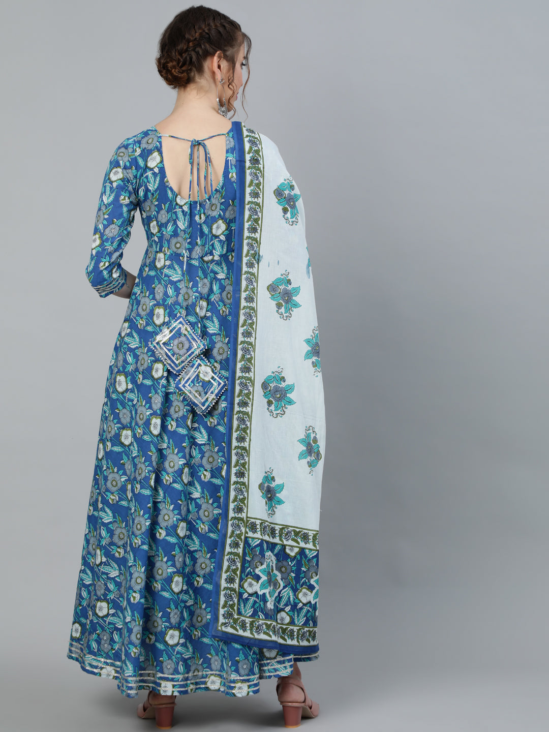 Blue Floral Print Maxi Dress With Dupatta