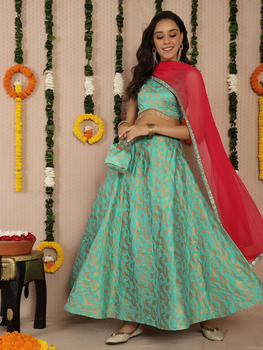 Green Jacquard Lehenga Choli With Dupatta & Potali Bag