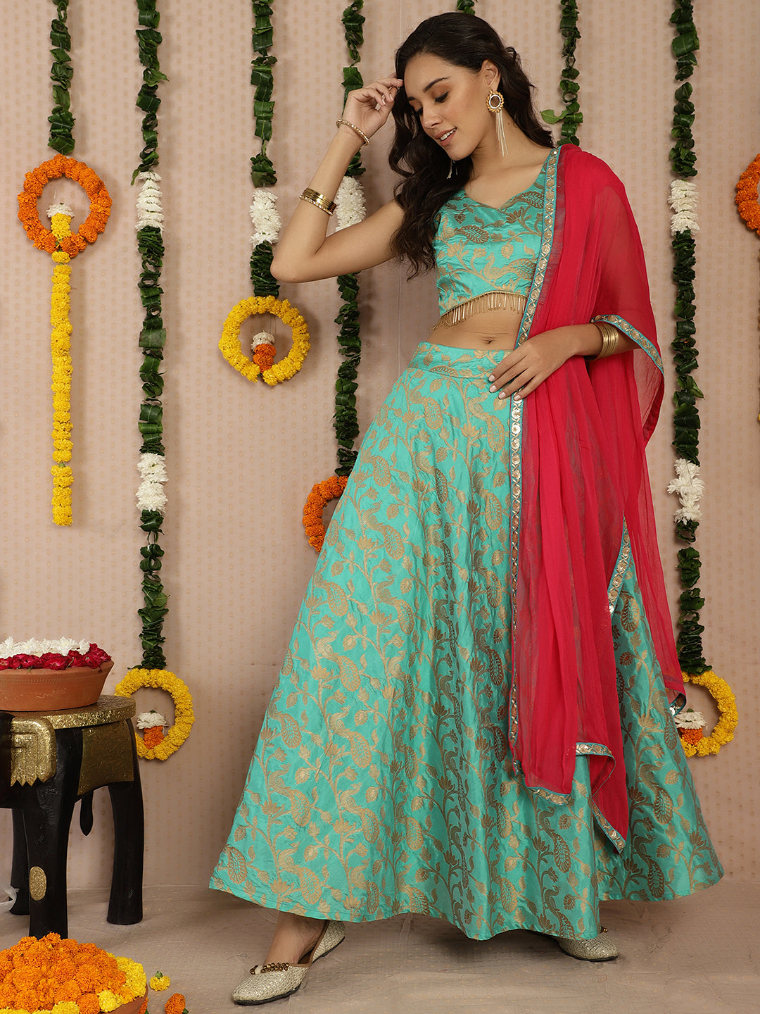 Green Jacquard Lehenga Choli With Dupatta & Potali Bag