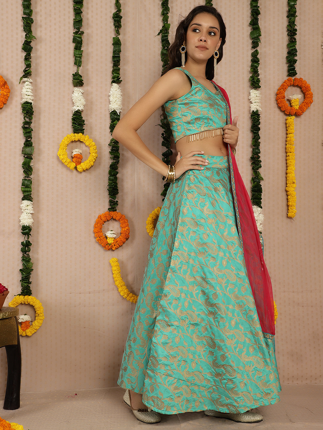 Green Jacquard Lehenga Choli With Dupatta & Potali Bag