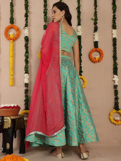 Green Jacquard Lehenga Choli With Dupatta & Potali Bag