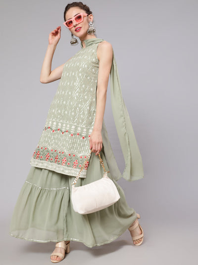 Pastel Green Embroidered Kurta Sharara With Dupatta