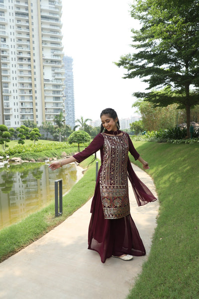 Burgundy Sequin Kurta Palazzo With Dupatta