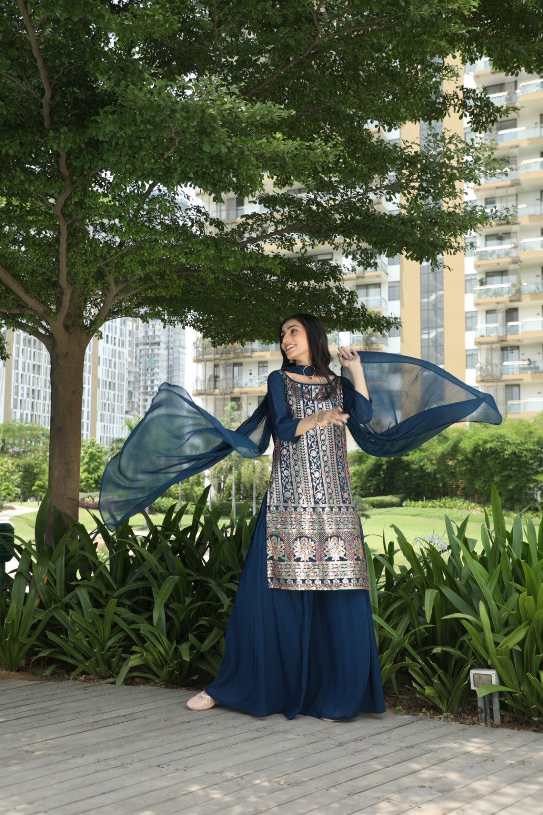 Blue Sequin Kurta Palazzo With Dupatta