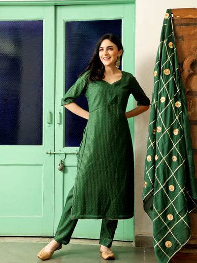 Green Embellished Alia-Cut Kurta Pant With Dupatta