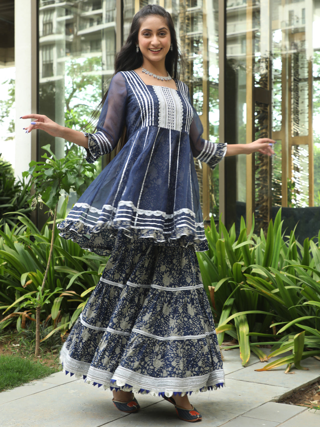 Navy Blue Floral Print Kurta Sharara Set