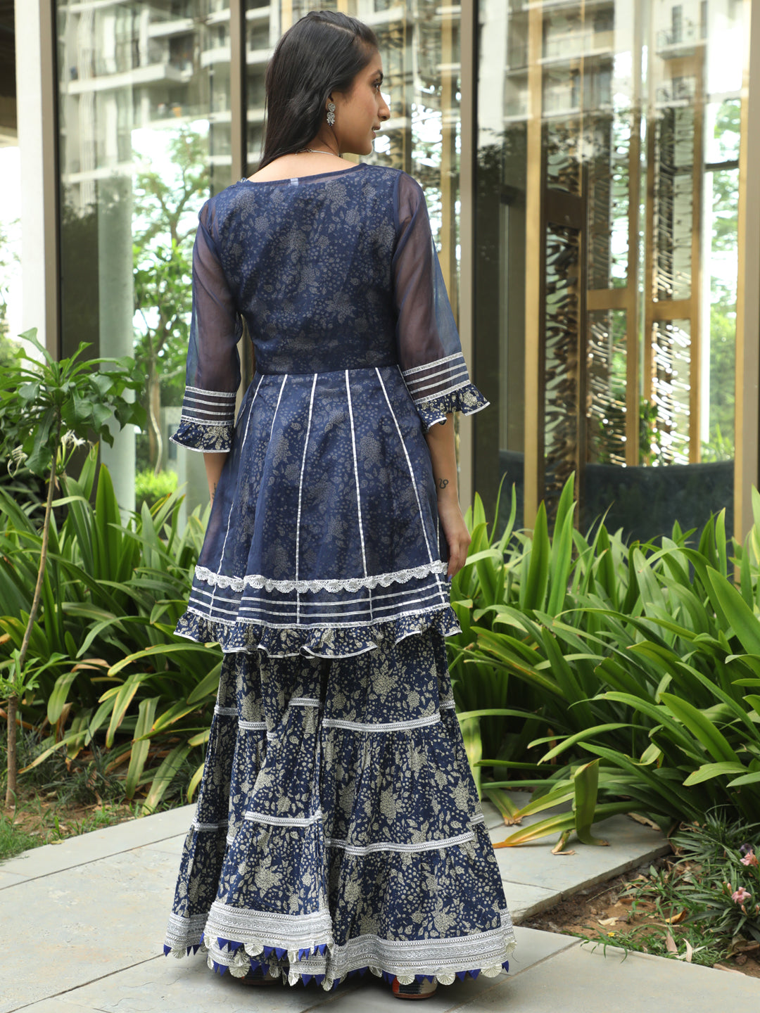 Navy Blue Floral Print Kurta Sharara Set