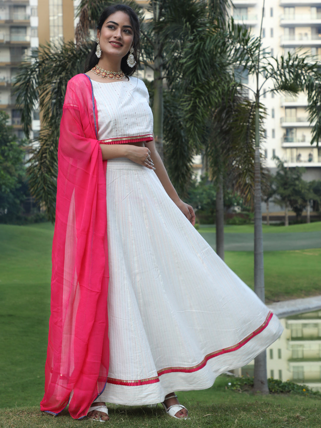 White Striped Lehenga Choli With Dupatta