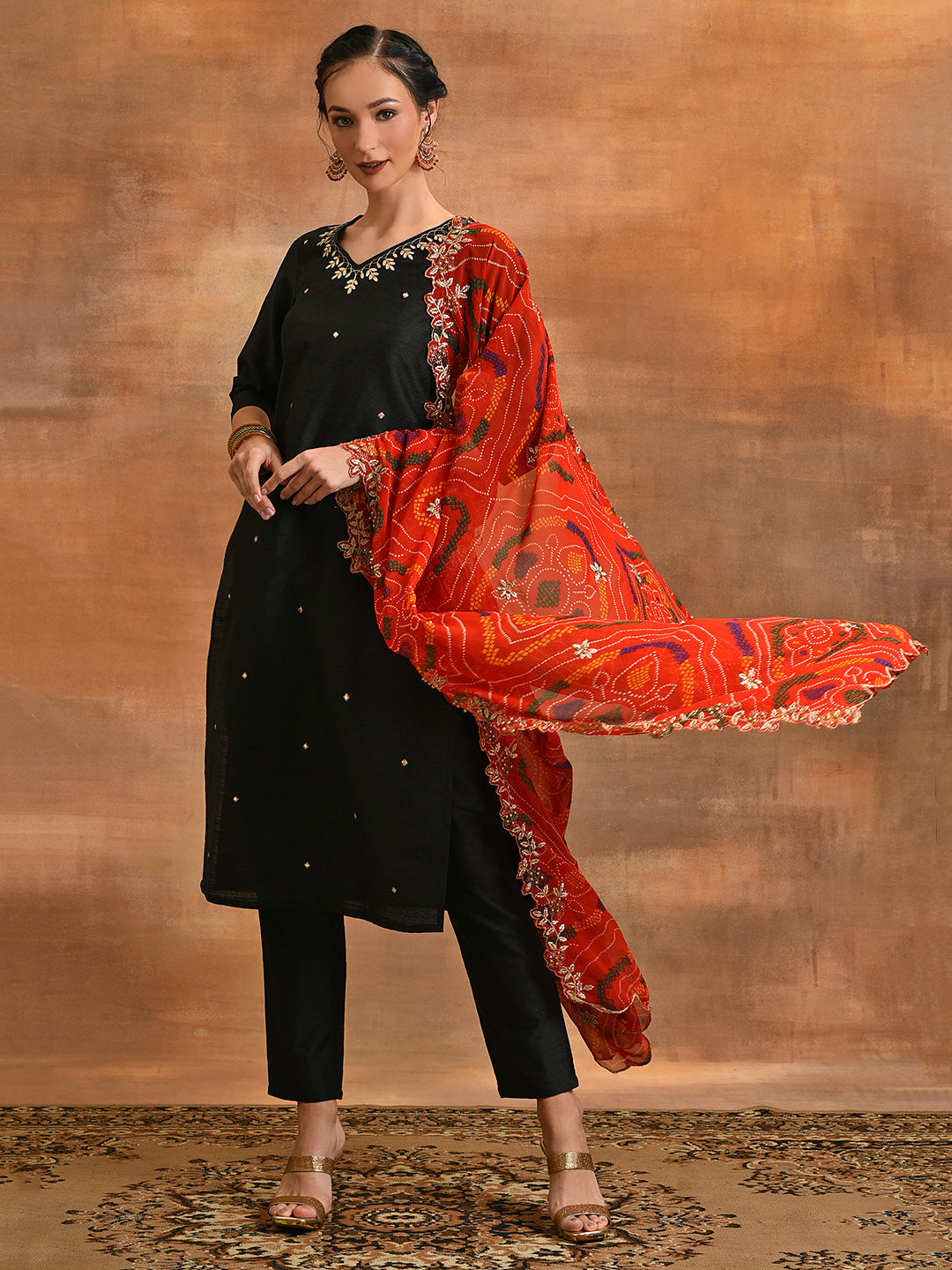 Black Embriorded Kurta Pant With Dupatta