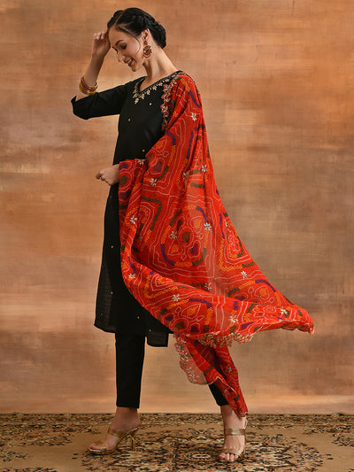 Black Embriorded Kurta Pant With Dupatta