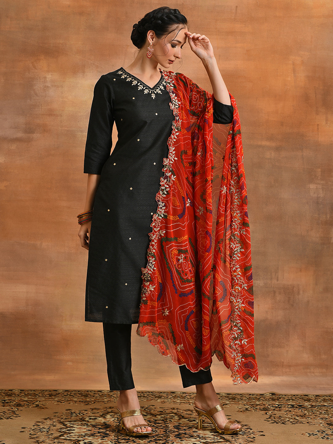 Black Embriorded Kurta Pant With Dupatta