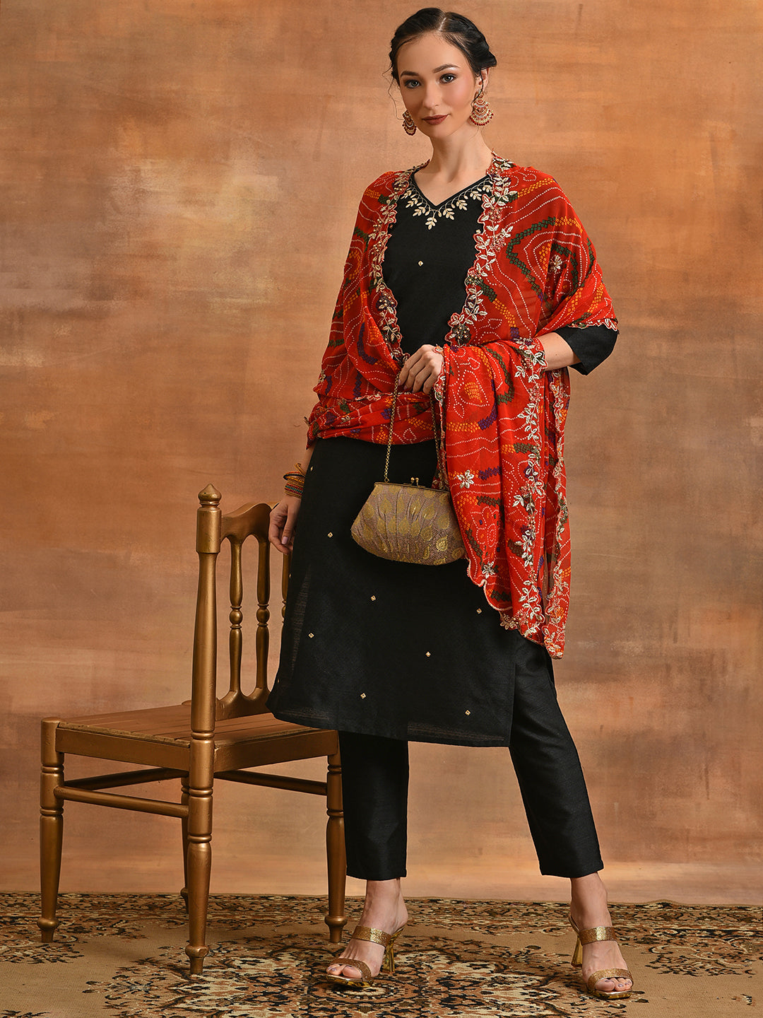 Black Embriorded Kurta Pant With Dupatta