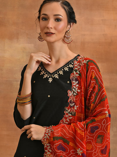 Black Embriorded Kurta Pant With Dupatta