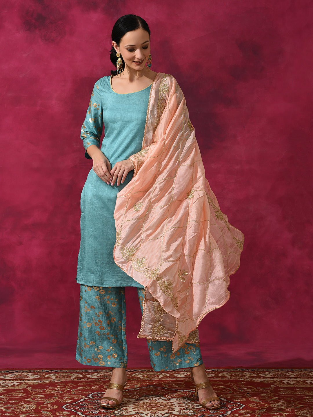 Pastel Blue Foil Print Kurta Palazzo With Dupatta