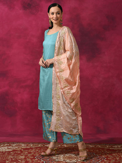 Pastel Blue Foil Print Kurta Palazzo With Dupatta