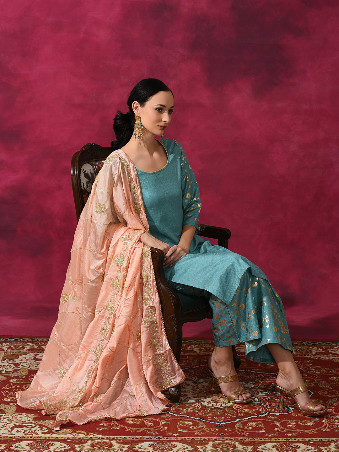 Pastel Blue Foil Print Kurta Palazzo With Dupatta