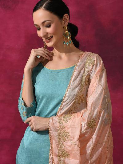 Pastel Blue Foil Print Kurta Palazzo With Dupatta