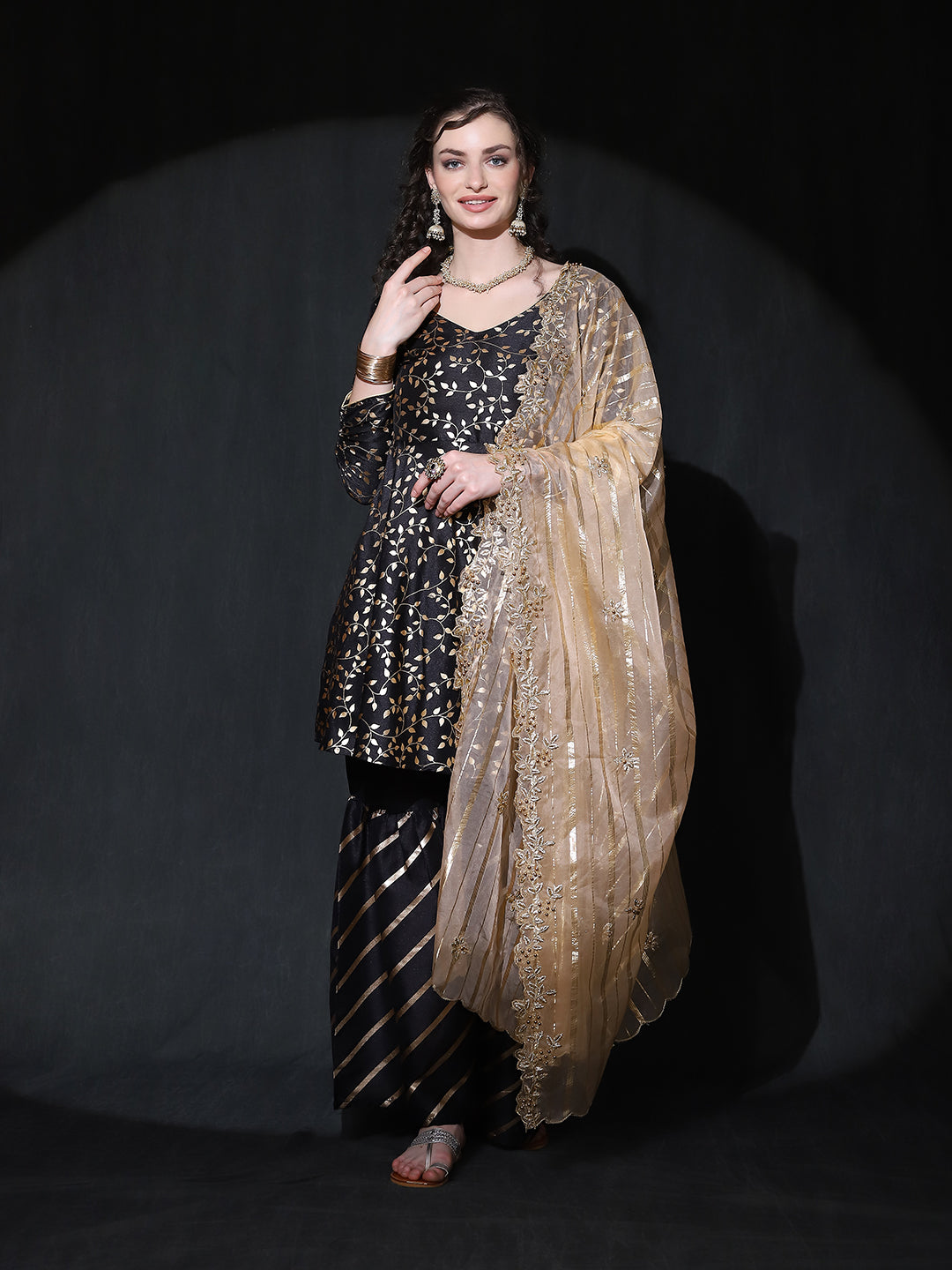 Black Foil Print A-Line Kurta Sharara With Dupatta