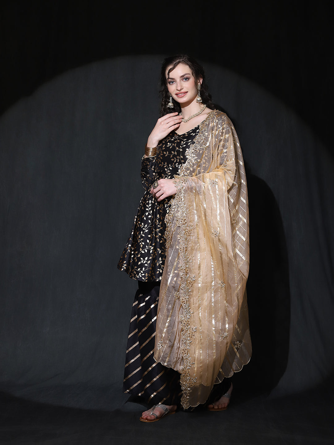 Black Foil Print A-Line Kurta Sharara With Dupatta