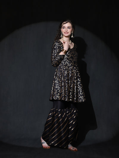 Black Foil Print A-Line Kurta Sharara With Dupatta