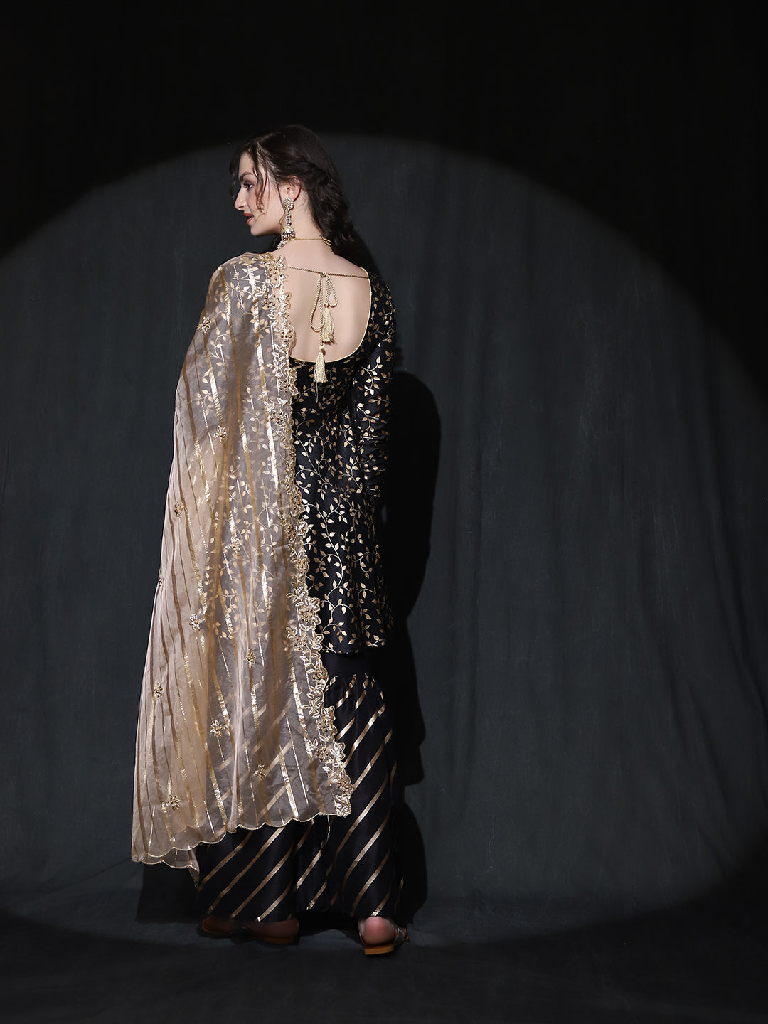 Black Foil Print A-Line Kurta Sharara With Dupatta